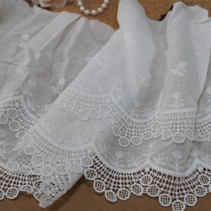 Vintage Style Cotton Lace 8.5&quot; Wide Off white Doube Scalloped Embroidery Cotton Lace Trim Skirt Lace By the Yard