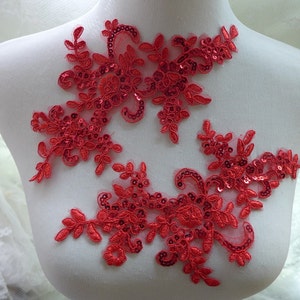 One Pair Red Applique Sequined Embroidered Lace Applique for Bridal, Gowns, Sewing image 2