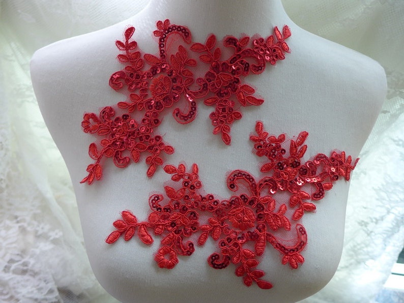 One Pair Red Applique Sequined Embroidered Lace Applique for Bridal, Gowns, Sewing image 2