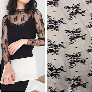 Black Floral 4 Way Stretch Lace Fabric, Chinlon Spandex Elastic Fabric, Floral Embroidery Lace Fabric for Lingerie, Undershirt, Dress