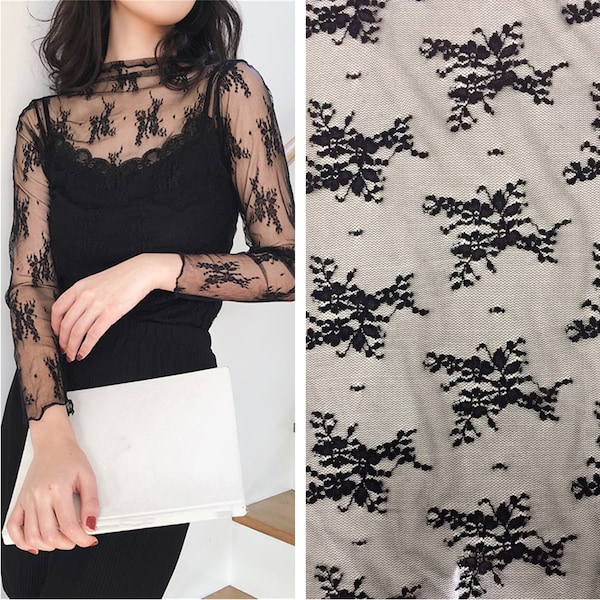 Black Floral 4 Way Stretch Lace Fabric, Chinlon Spandex Elastic Fabric, Floral Broderie Lace Tissu pour Lingerie, Undershirt, Robe