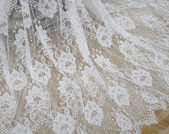 59" Wide Off white Chantilly Lace Fabric, Eyelash Lace French Lace Fabric for Wedding Robe, Lace Top, Christening Dress, Mantilla