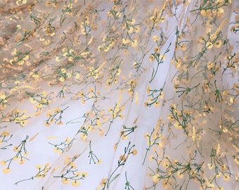 Vintage Yellow Flower Green Branch Embroidery Lace Fabric, Embroidered Floral Lace Fabric, Mesh Lace Fabric 51" Wide Sold By 1 Yard