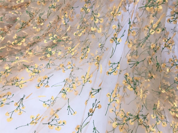 Vintage Yellow Flower Green Branch Embroidery Lace Fabric, Embroidered Floral Lace Fabric, Mesh Lace Fabric 51" Wide Sold By 1 Yard