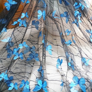 Black Tulle Fabric with 3D Butterfly, 3D Butterfly Embroidered Lace Fabric for Evening Dress Bridal Veil Headband Decor