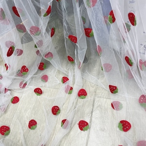 Red Strawberry Fabric, Strawberry Embroidery Tulle Lace Fabric Net Embroidered Lace Appliques For Girl Dress Party Decoration
