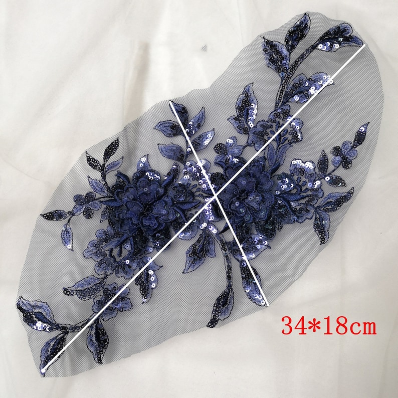 Bridal Applique 3D flowers Lace Applique with Sequins Sequin Lace Applique Navy blue Lace Applique Wedding Costume Lace