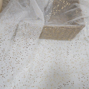 Gold Printed Stars Mesh Lace Fabric, Stars Tulle Gauze Fabric for Veils, Tutu Dress, Gown, Bridal Supply, Wedding Party Decoration