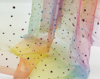 Colorful Sequins Moon Star Mesh Tulle Fabric Ombre Tulle Lace Fabric For Girl Dress, Backdrop, Tutu Dress, Wedding Background, By 1 Yard