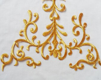 Gold Venice Lace Applique, Bridal Embroidery Lace Applique, Gold Lace Patch for Wedding Bodice, Party Dress, Evening Dress, Ball Gown