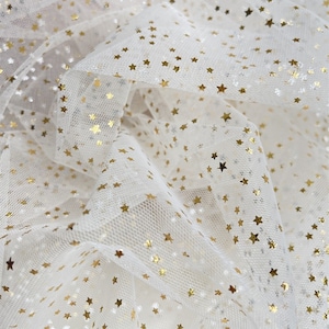 Stars Fabric, Gold Star Mesh Lace Fabric, Glitter Stars Tulle Fabric, Wedding Veil Fabric, Bridal Lace Fabric 59&quot; Width 1 Yard
