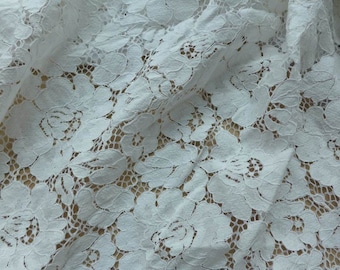 Off white Alencon Lace Fabric French Roses Flower Embroidered Lace Fabric for Wedding Gown, Bridal Dresses, Curtains, Costumes Design