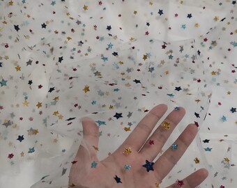Tela de estrellas, tela de encaje de malla de estrellas de colores, tela de tul con estrellas brillantes, tela para vestidos de niña, tela de encaje de novia de 55" de ancho y 1 yarda