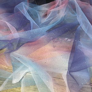 Illusion Glitter Sequins Tulle Fabric, Ombre Tulle Fabric, Gradient Rainbow Tulle Lace Fabric, Bridal Tulle Lace Fabric By the Yard