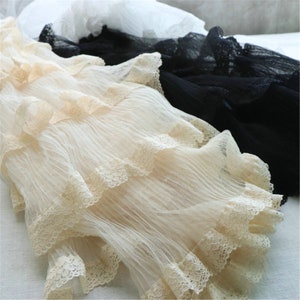 Beige /Black Ruffle Fabric, ruffled tulle fabric, pleated tulle lace fabric for cake dress, birthday dress, lolita dress, wedding dress