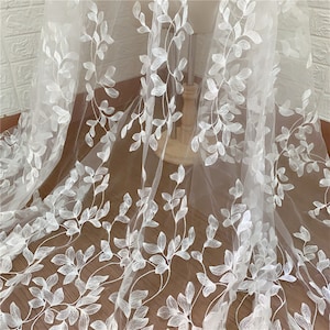 Delicate Leaf Embroidery Lace Fabric in Off White, Leaf Overlay Embroidered Mesh Tulle Lace Fabric for Wedding Gown, Dress, By 1 Yard
