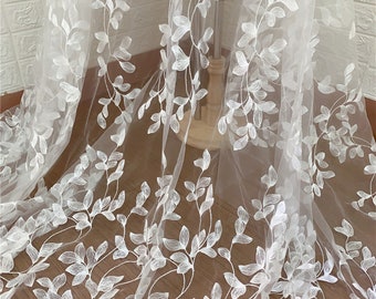 Delicate Leaf Embroidery Lace Fabric in Off White, Leaf Overlay Embroidered Mesh Tulle Lace Fabric for Wedding Gown, Dress, By 1 Yard