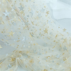Star Lace Fabric, Glitter Star Lace Fabric, Gold and Silver Star Print Tulle Mesh Lace Fabric for Photography Prop, Backdrop, Weddings