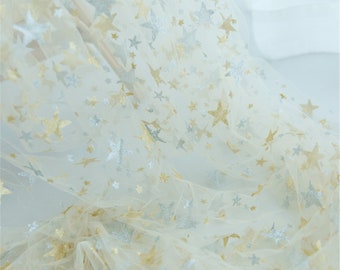 Star Lace Fabric, Glitter Star Lace Fabric, Gold and Silver Star Print Tulle Mesh Lace Fabric for Photography Prop, Backdrop, Weddings