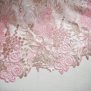 Pink Gold Floral Embroidery Organza Lace Fabric With Scalloped Edge, 53.1" Wide Venice Guipure Lace Fabric By the Yard