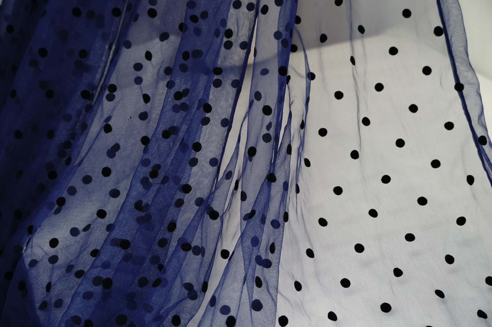 Navy Blue Tulle Fabric With Black Polka Dots, Tulle Mesh Fabric With ...
