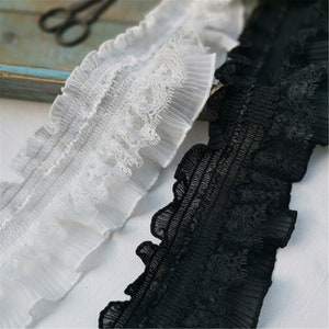 Stretch ruffle lace trim, ruffle chiffon trim, pleated stretch lace trim, elastic chiffon trim for doll dress, prom dress, dress cuff