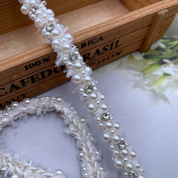 Delicate Beaded Pearl Trim, Gold Thread Rhinestone Trim for Headbands, Coats, Gowns, Bags, Sewing Crafts Trimming