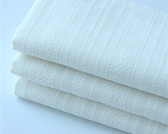 Off white cotton Fabric, Stripe Embroidery Jacquard Cotton Lace Fabric for Blouse, Tablecloth, Lace Top, Costume Design, By 1 Yard