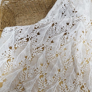 Vintage Feather Pattern Fabric, Off white Lace Guipure Fabric, Crochet Leaf Floral Fabric for Wedding Gown, Fashion Show, Haute Couture