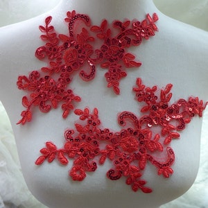 One Pair Red Applique Sequined Embroidered Lace Applique for Bridal, Gowns, Sewing image 1