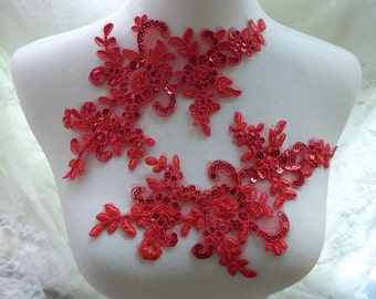 One Pair Red Applique Sequined Embroidered Lace Applique for Bridal, Gowns, Sewing