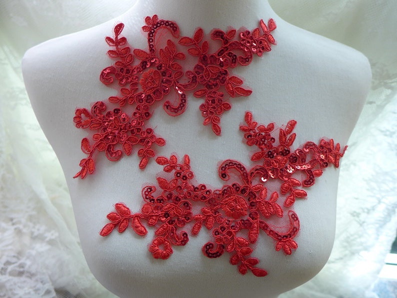 One Pair Red Applique Sequined Embroidered Lace Applique for Bridal, Gowns, Sewing image 1