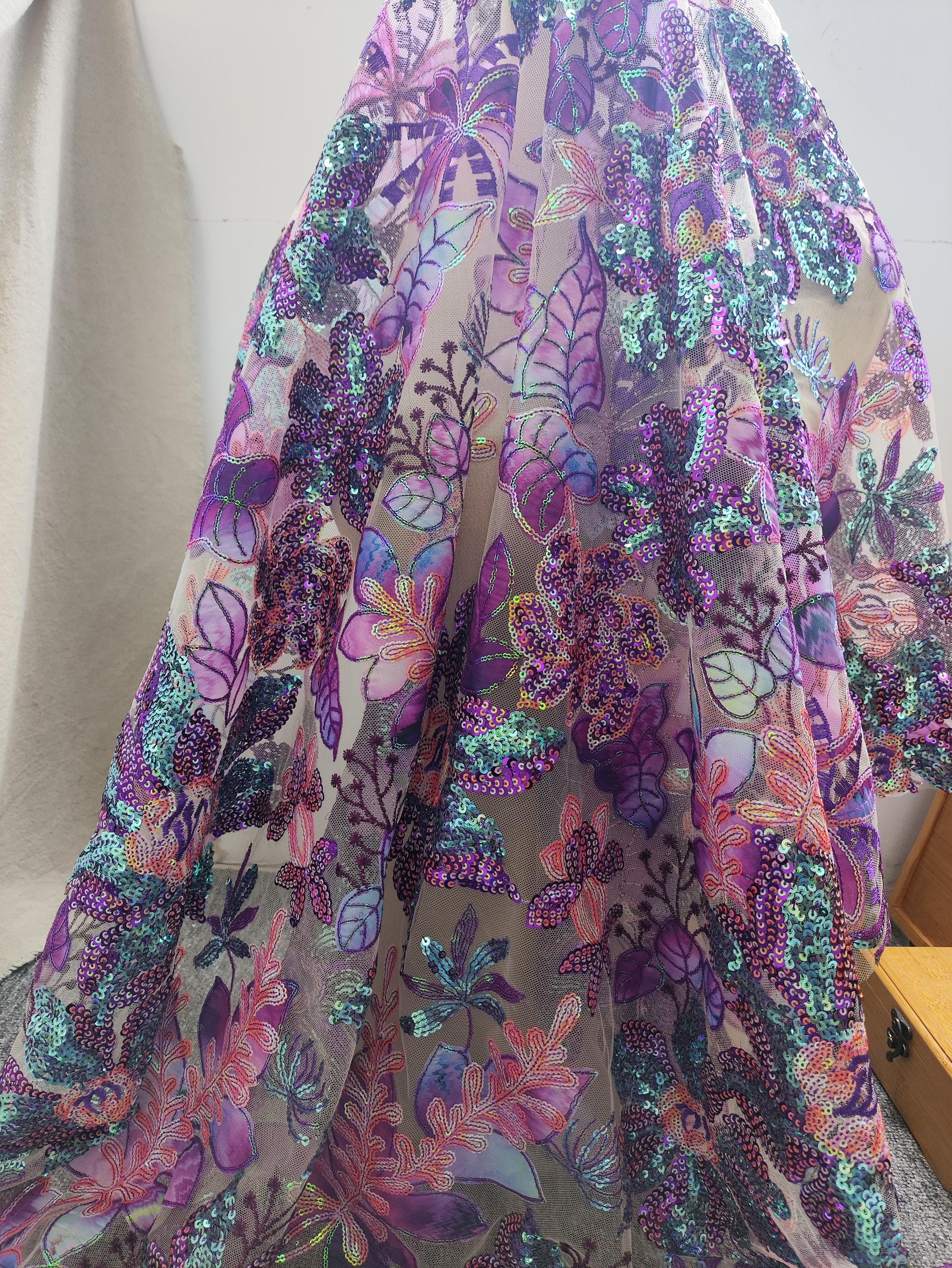 Beautiful Shinny Sequined Floral Fabric, Flower Embroidery Fabric for Prom Gown, Evening Dress, Banquet, Costume Design, Crafts Sewing