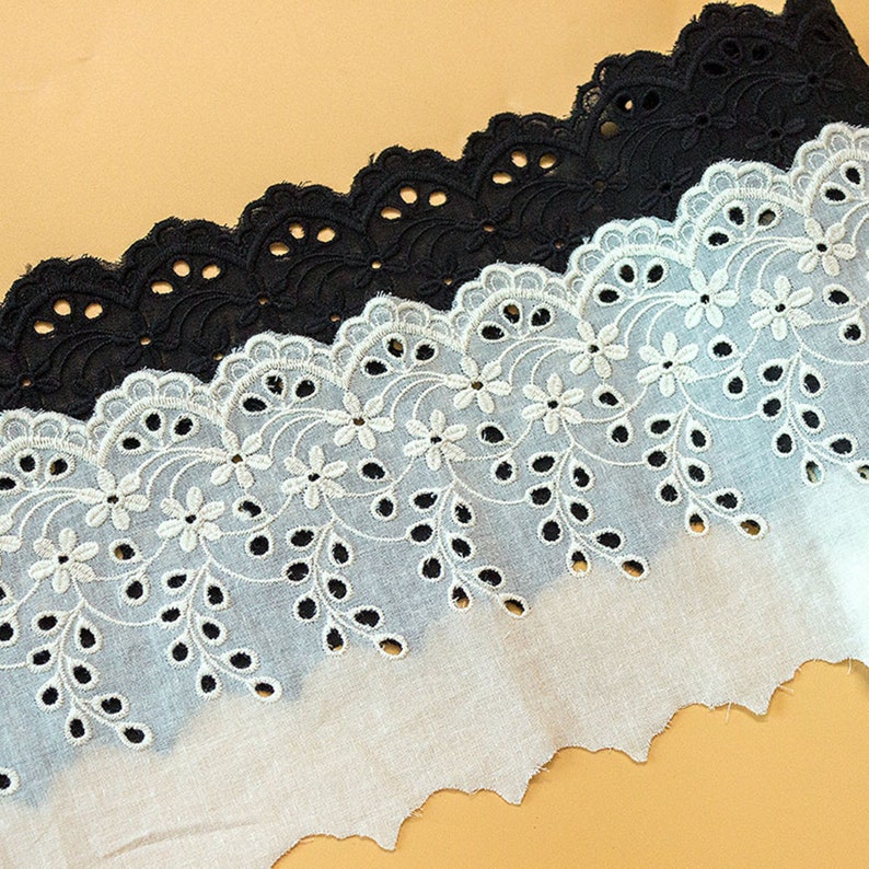 Black Cotton Lace Trim, 5.3 Wide Cotton Lace Trimming, Black Lace Trim with Eyelet Embroidery One Yard image 4