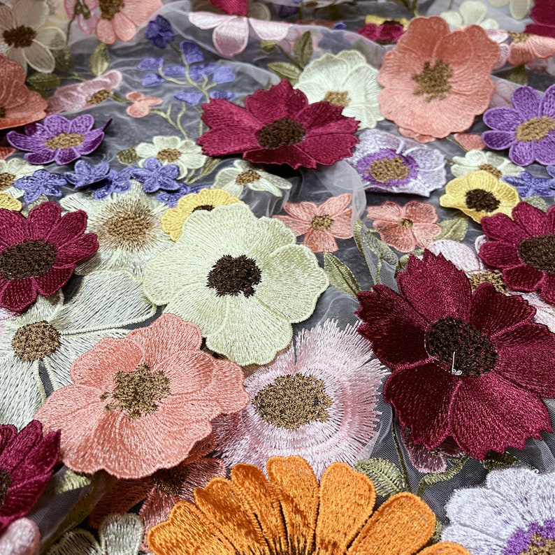 Colorful Embroidered Tulle Lace Fabric with 3D Flowers, Vivid Flowers Floral Fabric for Bridals, Wedding Dress, Pageant Gown, By 1 Yard image 7