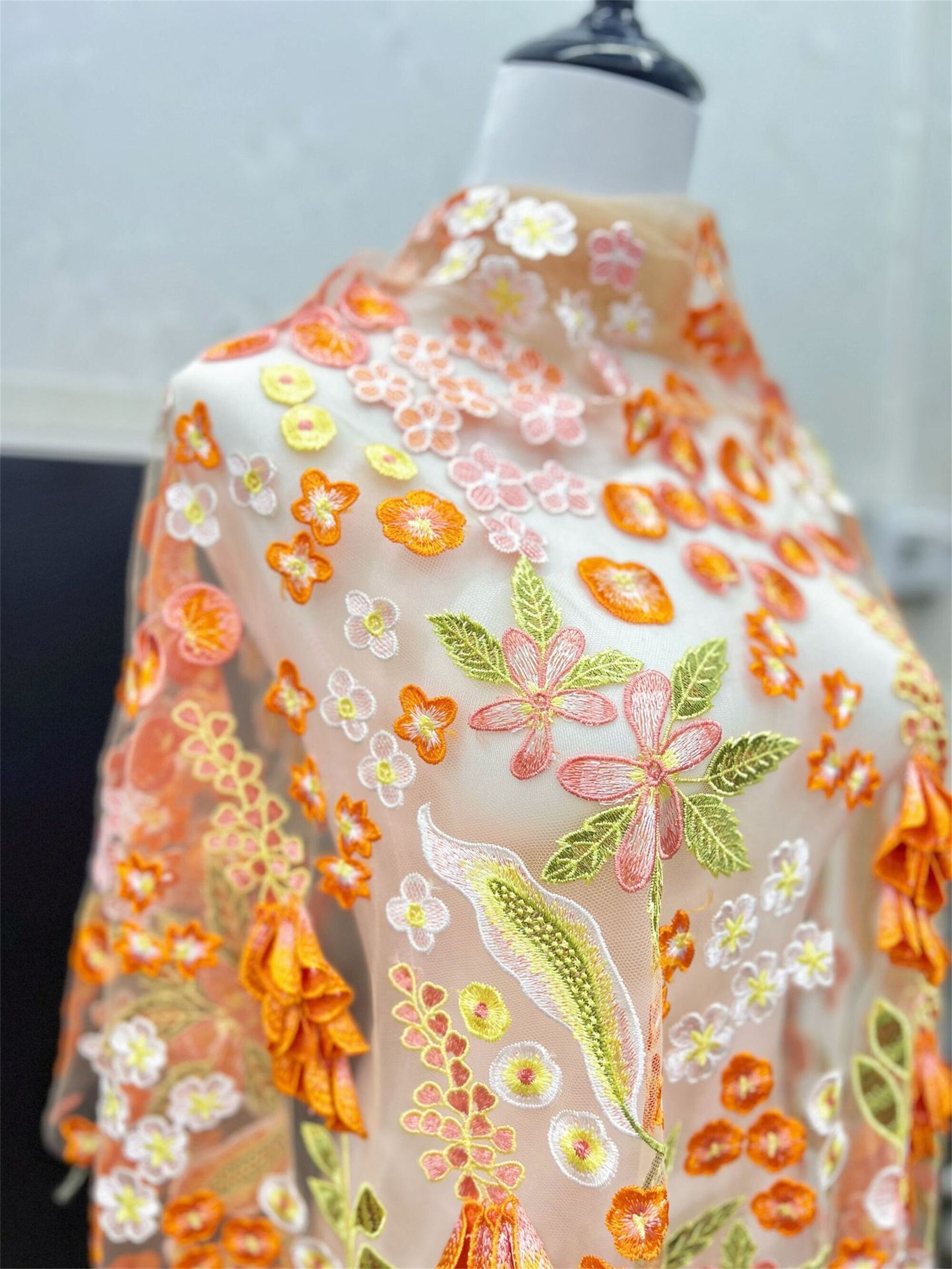 Luxury 3D Floral Embroidered Fabric, Tulle Mesh Lace Fabric, Prom Gown Dress Fabric For Haute Coture Evening Dress