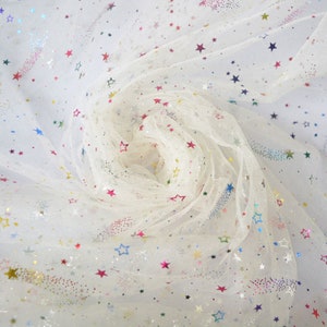 Rainbow Star Fabric, Glitter Colorful Star Tulle Mesh Lace Fabric for DIY Dance Dress, Tablecloth, Home Decor, Prom Gown