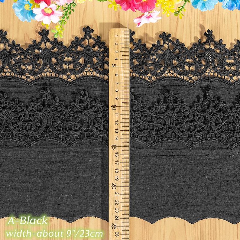 8.66" Wide Black Lace Trim, Crochet Floral Embroidery Cotton Lace Trim, Hollowed Edging Trim for Costume Supplies, Dress Hem, Cuffs image 5