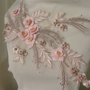 DUSTY ROSE 3D FLORAL DESIGN EMBROIDERY AND BEADED WITH RHINESTONES ON MESH LACE main image 1