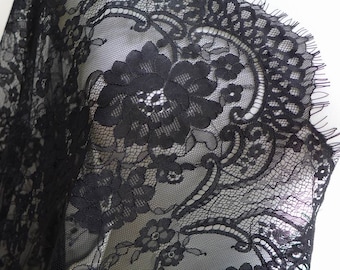 Tela floral negra, preciosa tela de encaje chantilly, tela de pestañas festoneadas, tela de encaje para vestido negro