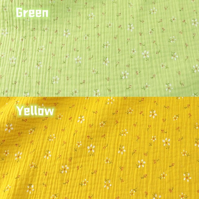 May include: Close-up of two sections of fabric. The top section is light green with small white and red floral patterns. The bottom section is yellow with similar floral patterns. The word "Green" is written in white on the top section, and "Yellow" on the bottom.
