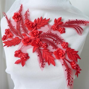 Beautiful 3D Flower Red Beaded Applique, Embroidery Beaded Applique Lace Pair 7 Colors