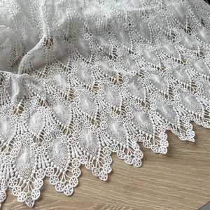 Off white Lace Fabric, Crocheted Scallops Lace Fabric, Bridal Dress Fabric, Hollowed Guipure Lace Fabric for Gown, Costume, 1 Yard