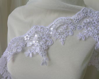 Beaded Sequins Lace Trim In White Alencon Floral Lace Bridal Wedding Lace Trim New Fashion