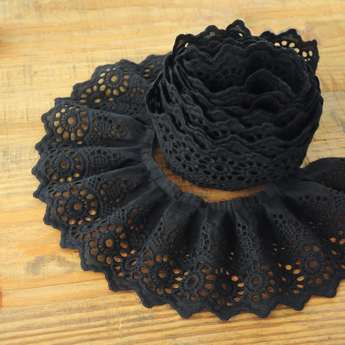 Black cotton lace trim ruffled cotton lace pleated cotton Etsy