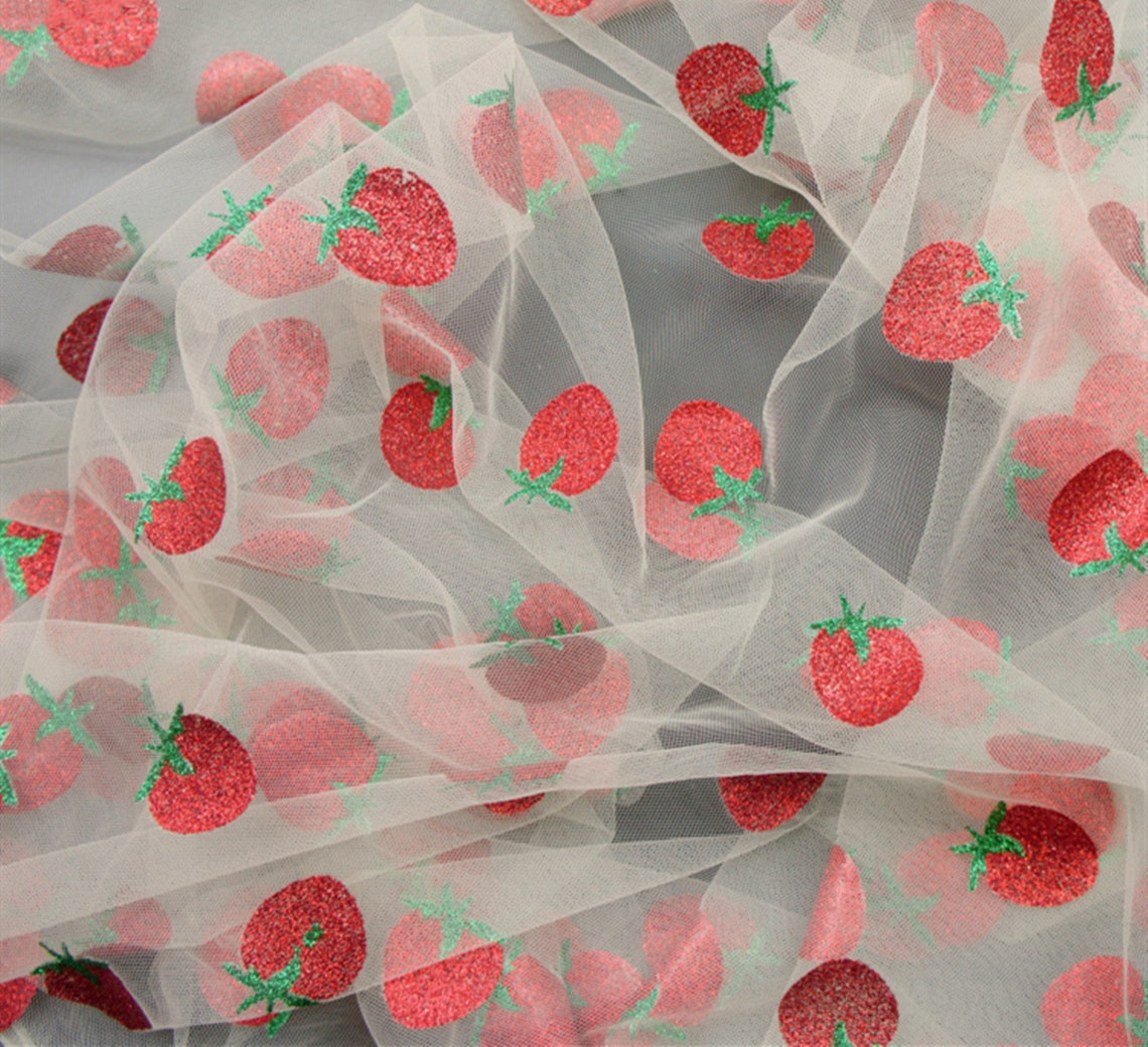 Sweet Strawberry Lace Fabric Glitter Sequin Strawberry Tulle Etsy