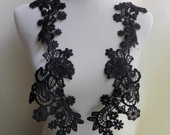 black bridal lace applique pair for lace jewelry supply, gown, costumes, sewing