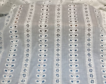 Eyelet Embroidery Cotton Stripe Lace Fabric, Pure Cotton Fabric for Woman Top, Bridal Dress, Summer Dress, Tablecloth, By 1 Yard