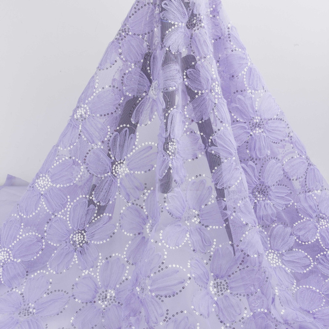 Lavender Floral Lace Fabric, Chiffon Flower Lace Fabric With Sequins