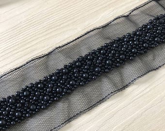Black Beaded Lace Trim With Mesh, Pearl Rhinestone Trim Lace For Bridal Sash, Wedding Gown Straps, Bridesmaids Belt, Rhinestone Hairband